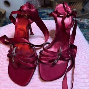 Stuart Weitzman Burgundy Red Satin Ribbon Tie Ankle Strap Heels Sandals Womens